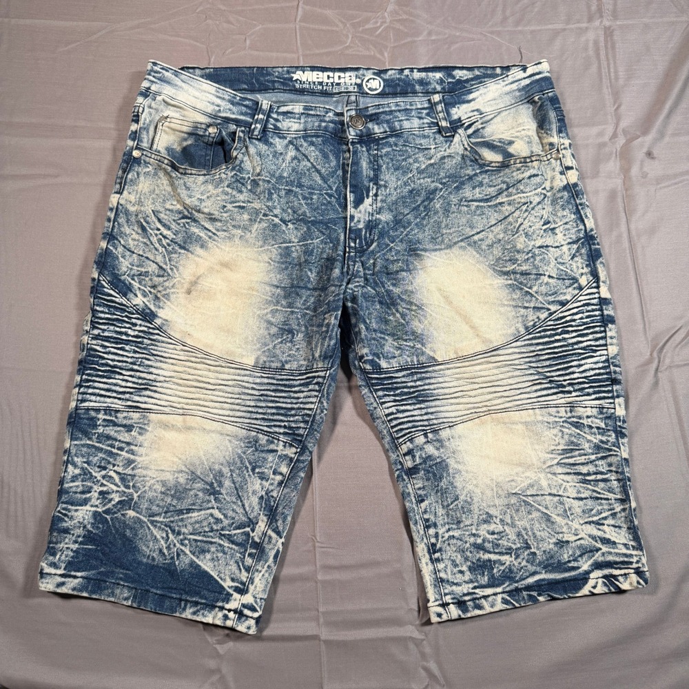 Mecca Mens Acid Wash Moto Denim Shorts Blue Stretch Size 38 Streetwear Y2K
